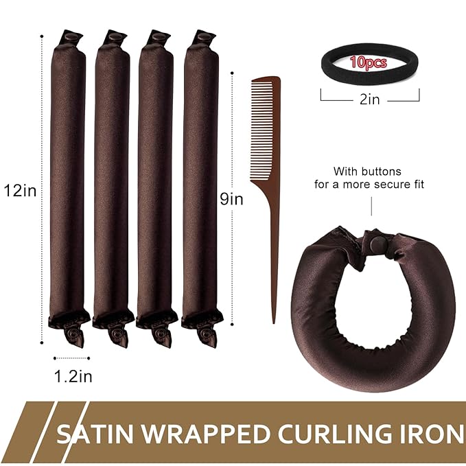 Satin Heatless Hair Curler,4 Piece Set,Overnight Heatless Curls, Not easy to slip Heatless Curling Rod You Can Sleep In, Soft Silk DIY Hair Styling Tools Kit, Silk Bonnet for Sleeping-Brown