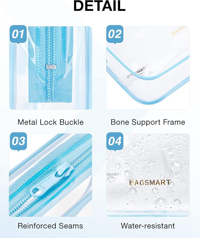 BAGSMART Clear Toiletry Bag, 2 Pack TSA Approved Travel Toiletry bag Carry on Travel Accessories Bag Airport Airline Quart Size Bags Water Repellent Makeup Cosmetic Bag for Women (Blue-2Pcs)