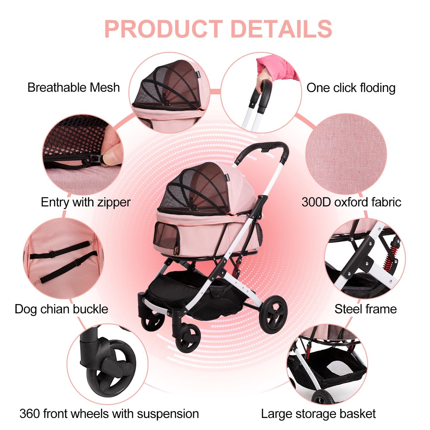 BETSOCCI Pet Stroller for Medium Small Dog & Cat, Foldable Lightweight Dog Stroller with Storage Basket Pet Travel Carriage with Safety Leashes, 4 Wheel, Pink