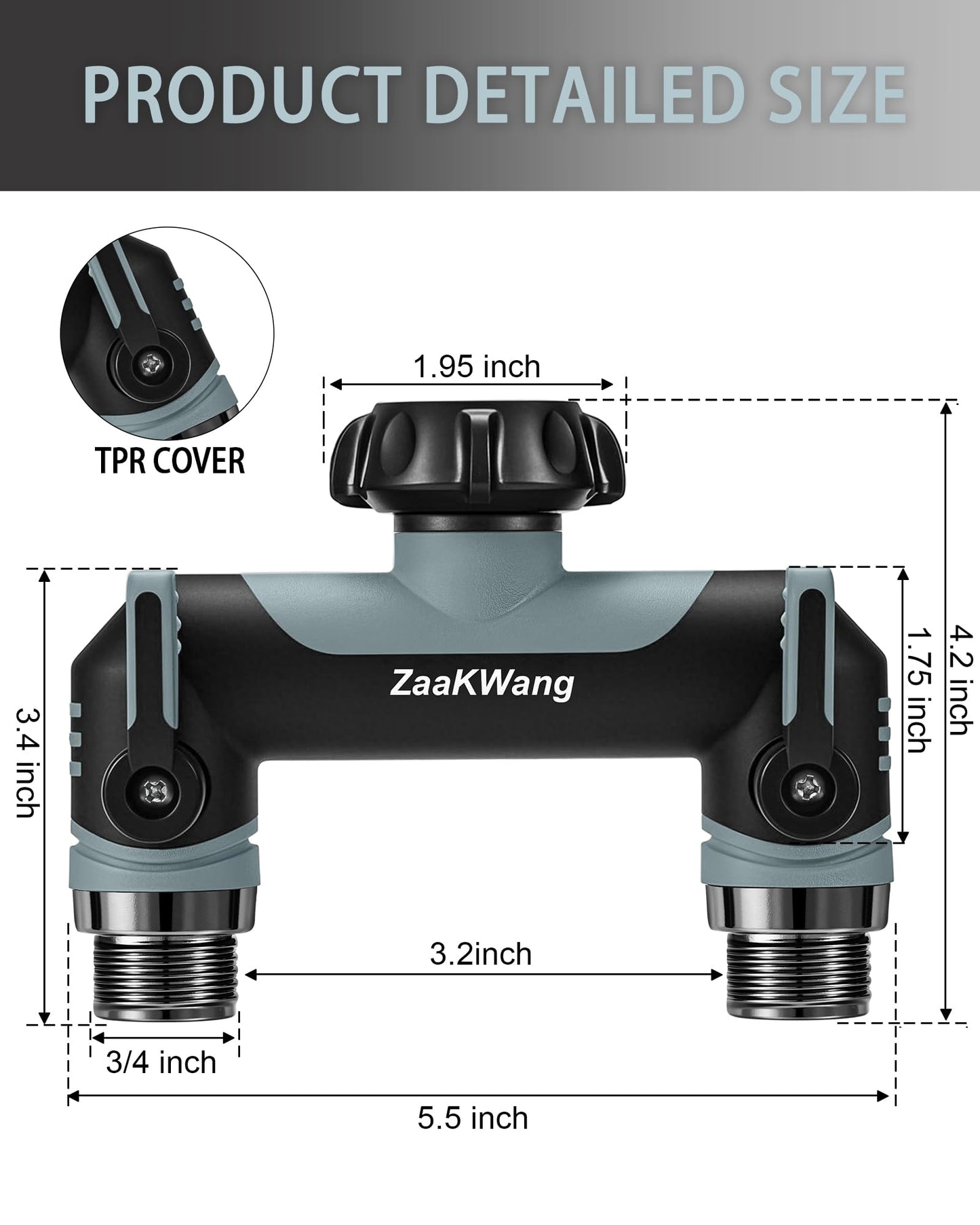 ZaakWang Garden Hose Splitter 2 Way, Heavy Duty Water Hose Spigot Bib Splitter, Outdoor Faucet Splitter with Shutoff Valve, T Adapter Connector with 3/4 - Inch GHT Thread (Grey)