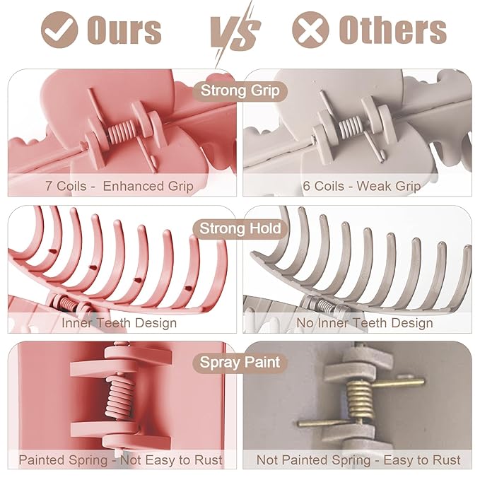 TOCESS Hair Claw Clips for Women - Large 8PK Neutral Matte Jumbo Square Hair Clips for Thick, Thin, Long, Short, Curly Hair Girls, Big Jaw Clip Set for Daily Use (Deep Pink)