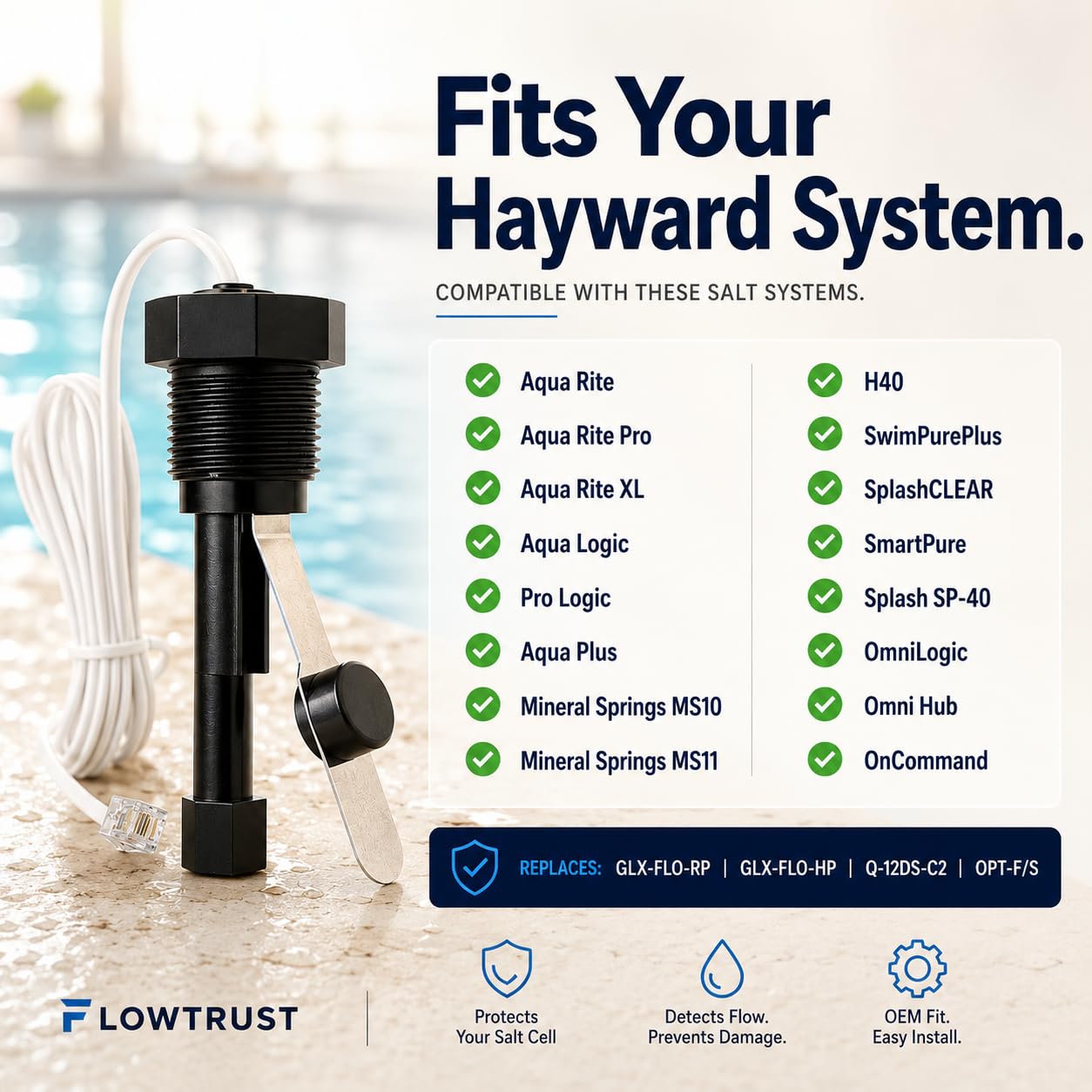 FlowTrust GLX-FLO-RP Flow Switch for Hayward Aqua Rite & Aquarite Salt Cell - Metal Sensing Pool Flow Sensor, 12 GPM, 15 ft Cable, Replaces Q-12DS-C2 & GLX-FLO-HP for Pro Logic, Aqua Logic, OmniLogic