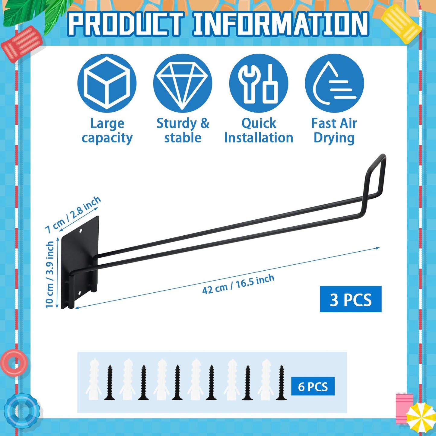 3 Pcs Pool Float Storage Holder, 16.5 Inch Wall Mount Pool Float Organizer Storage Rack with Hangers for Swimming Ring, Towel, Tools & More Storage Indoor Outdoor Space-Saving (Oblique angle)
