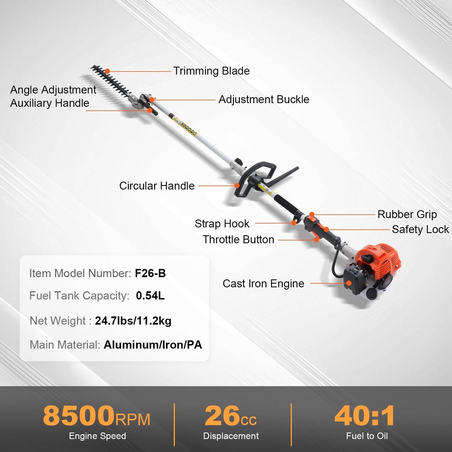 VEVOR Gas Hedge Trimmer 2 Cycle with Extension Pole, 15.7-inch 26cc Gas Powered Pole Hedge Trimmer with Dual Sided Dual Action Blade, Great for Trimming Shrubs, Bushes, w/EPA, CE and EMC Certification