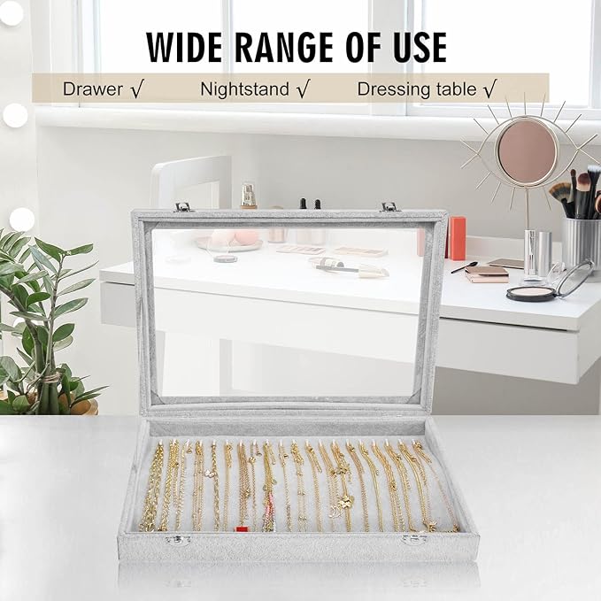 Necklace Organizer Box Premium 20 Hooks Necklace Display Jewelry Tray with Transparent Lid Jewelry Necklace Display Box for Necklace Pendants Suitable for Women and Girls (Grey)