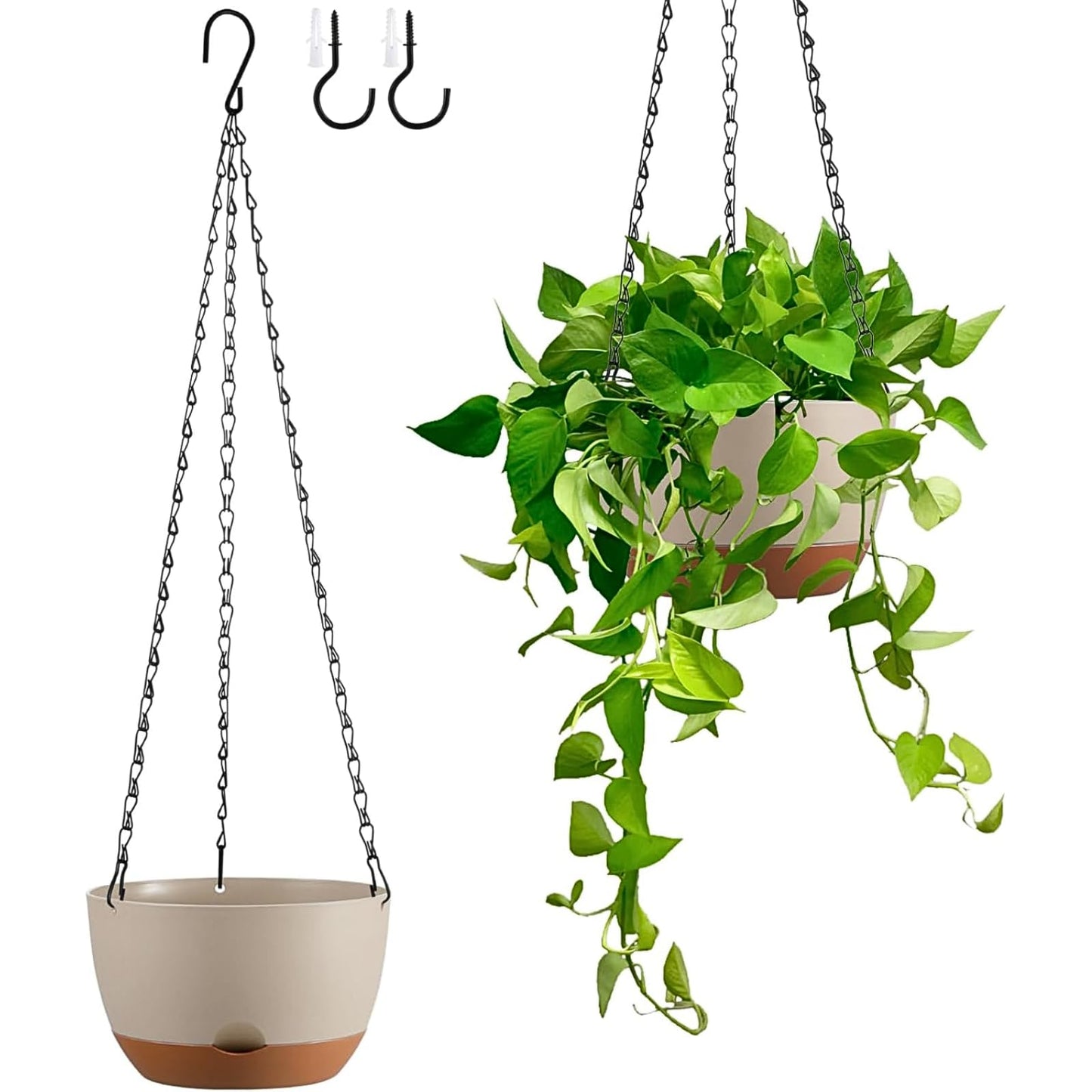 Kvetto Set of 2 Hanging Planters for Indoor Outdoor Plants, 8 Inch Self-Watering Hanging Flower Pots with Drainage Hole & Removable Water-Storage Tray (Hooks)