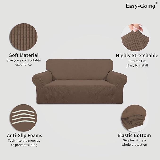 Easy-Going Stretch Oversized Loveseat Slipcover 1-Piece Sofa Cover Furniture Protector Couch Soft with Elastic Bottom for Kids Polyester Spandex Jacquard Fabric Small Checks Brown