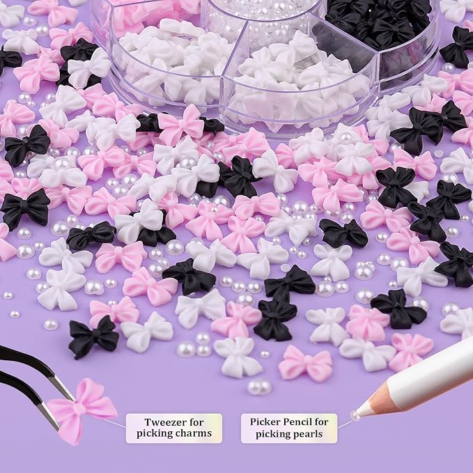 120 Pcs 3D Nail Bow Charms + 2-4mm Nail Pearls Set 8, Pink White Black Bow Nail Charms and White Flatback Pearls with Nail Charm Glue Gel(UV Needed) and Pickup Tools for Nail Art Decoration, Small