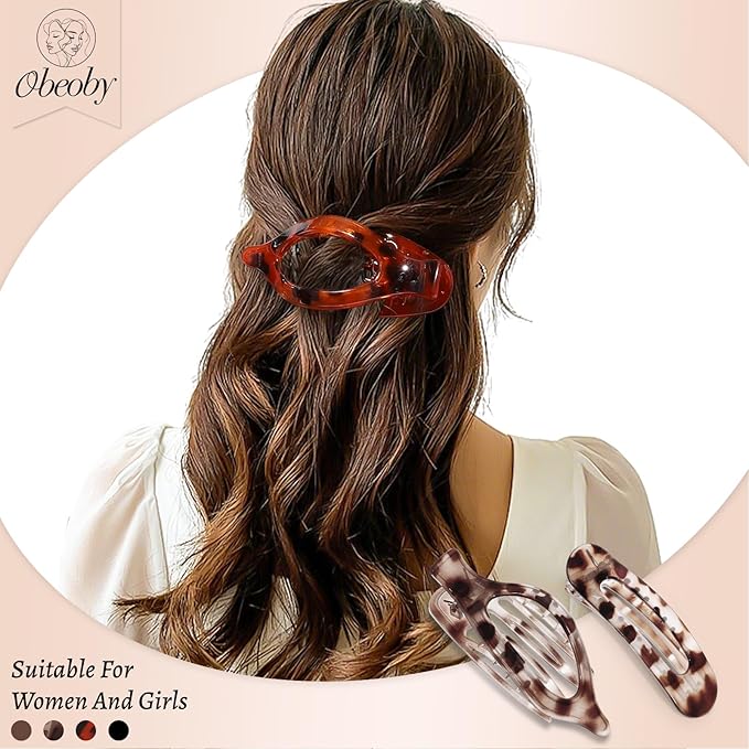 Obeoby 8 PCS Flat Hair Clips for Women, 2 Styles French Flat Claw Clips Hair Accessories Large Medium Barrettes (Tortoiseshell Coffee Black)