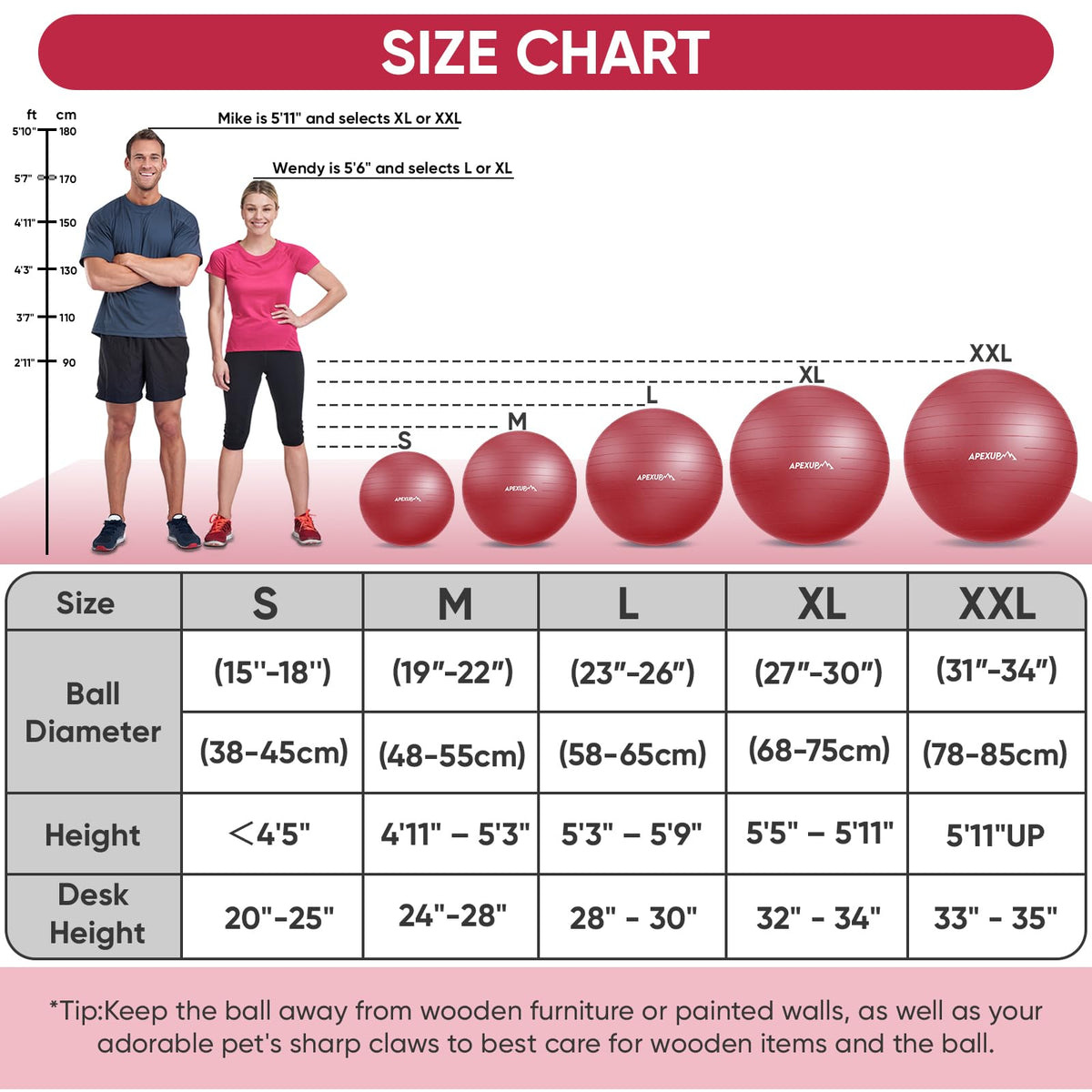 APEXUP Yoga Ball, 660 lbs Anti-Burst Exercise Ball with Pump, 5 Sizes (XXL(31"~34") 85cm, Red)