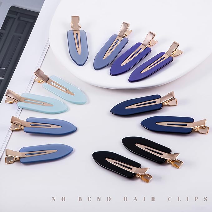 No Crease Creaseless No Bend Hair Clips For Styling Non Slip Flat Clips For Makeup Hair Accessories For Women,Black Multiple Blue,12 PCS