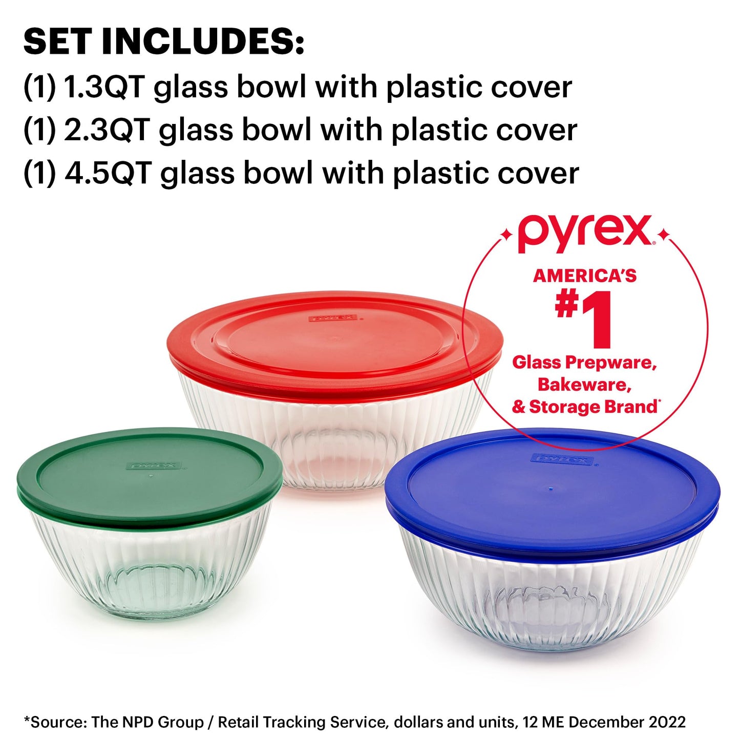 Pyrex Sculpted (3-Pack) Glass Mixing Bowls Set With Lids For Prepping, Baking and Cooking, Preheated Oven, Dishwasher, Freezer, and Microwave Safe