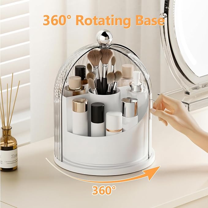 Makeup Brush Holder with Lid, 360ÃÂ° Rotating Cosmetic Organizer for Vanity, Covered Beauty Brushes Holder for Bathroom, Skincare Storage for Corner Countertop