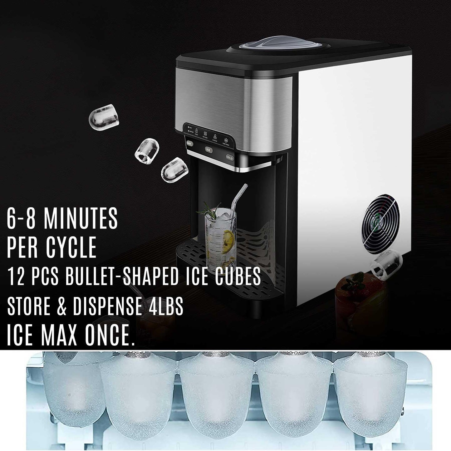 NUNET 3-in-1 Ice Maker Water Dispenser Water Cooler Filled by Water Line w. 10ft Water Inlet Hose 1/2" &1/4" Connector Hot/Cold Water Ready Makes 44 lbs Ice Daily Stores 4lb Ice