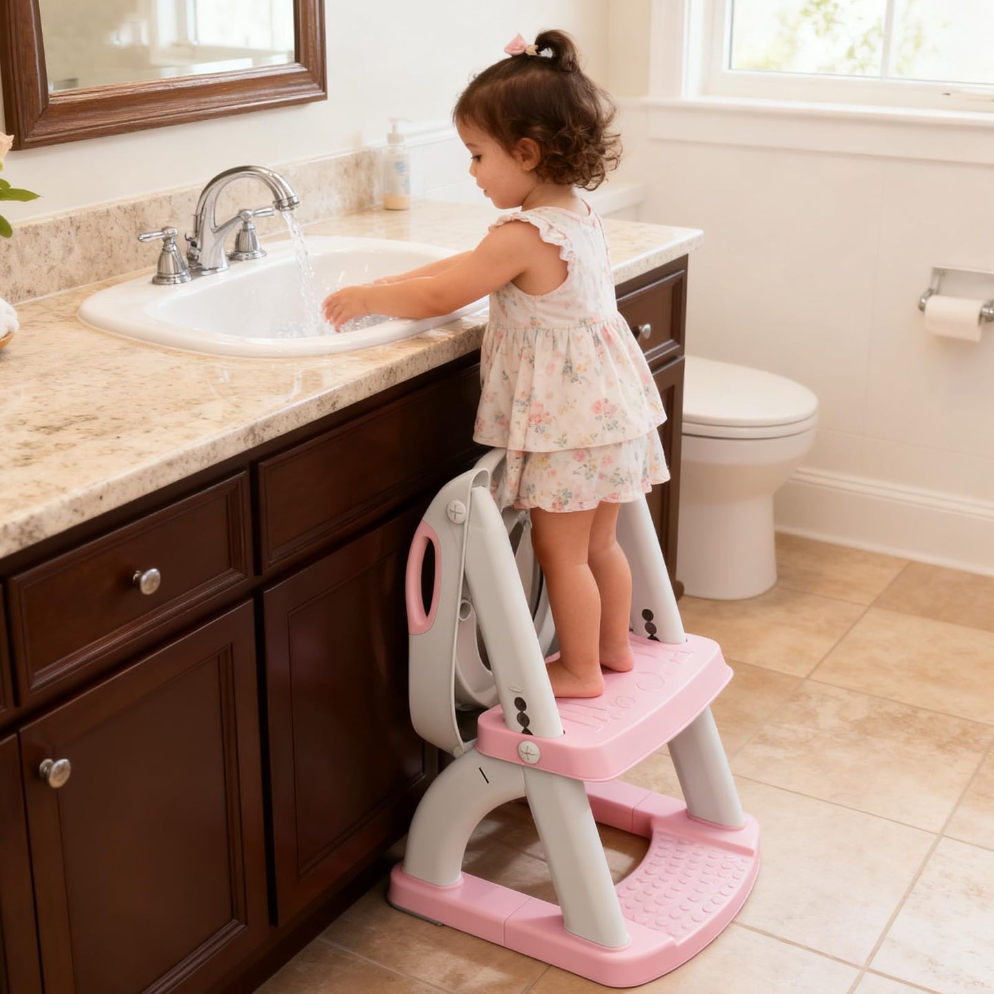 Potty Training Seat, SKYROKU Upgrade Toddler Toilet Seat for Kids Boys Girls, 2 in 1 Potty Training Toilet, Splash Guard Anti-Slip Pad Step Stool,New Sector-Shape Stabilized Base (8899+Pink)