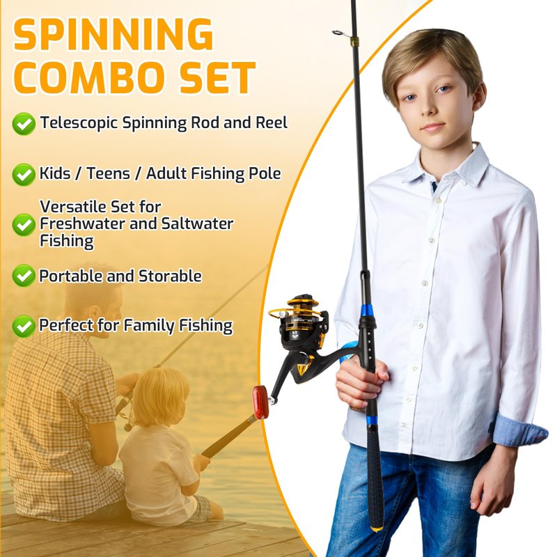 Kids Fishing Pole Set, Telescopic Fishing Rod and Reel Combo Kit for Kids/Youth, Fishing Pole for Beginners with Spincast Fish Reel, Fish Tackles, Fish Lures, Fish Lines 【Ambidextrous】