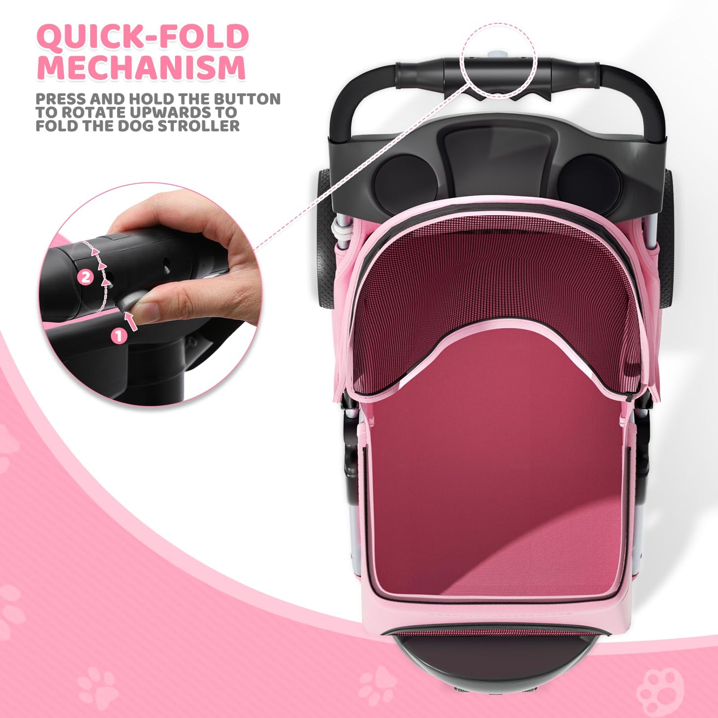 Magshion 3-Wheel Pet Stroller, Foldable Travel Jogger for Small & Medium Dogs & Cats (Up to 33lbs), Lightweight Carrier with Breathable Mesh Cover, Cup Holder & Storage Basket, Pink