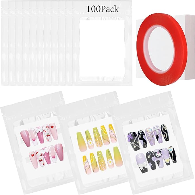 Qenk 100PCS Empty Holographic Nail Storage Bag Press on Nail Packaging Bag and 100PCS Shiny white cardboard Nail Tips Packaging Bags with 1 Roll Transparent Tape (White)