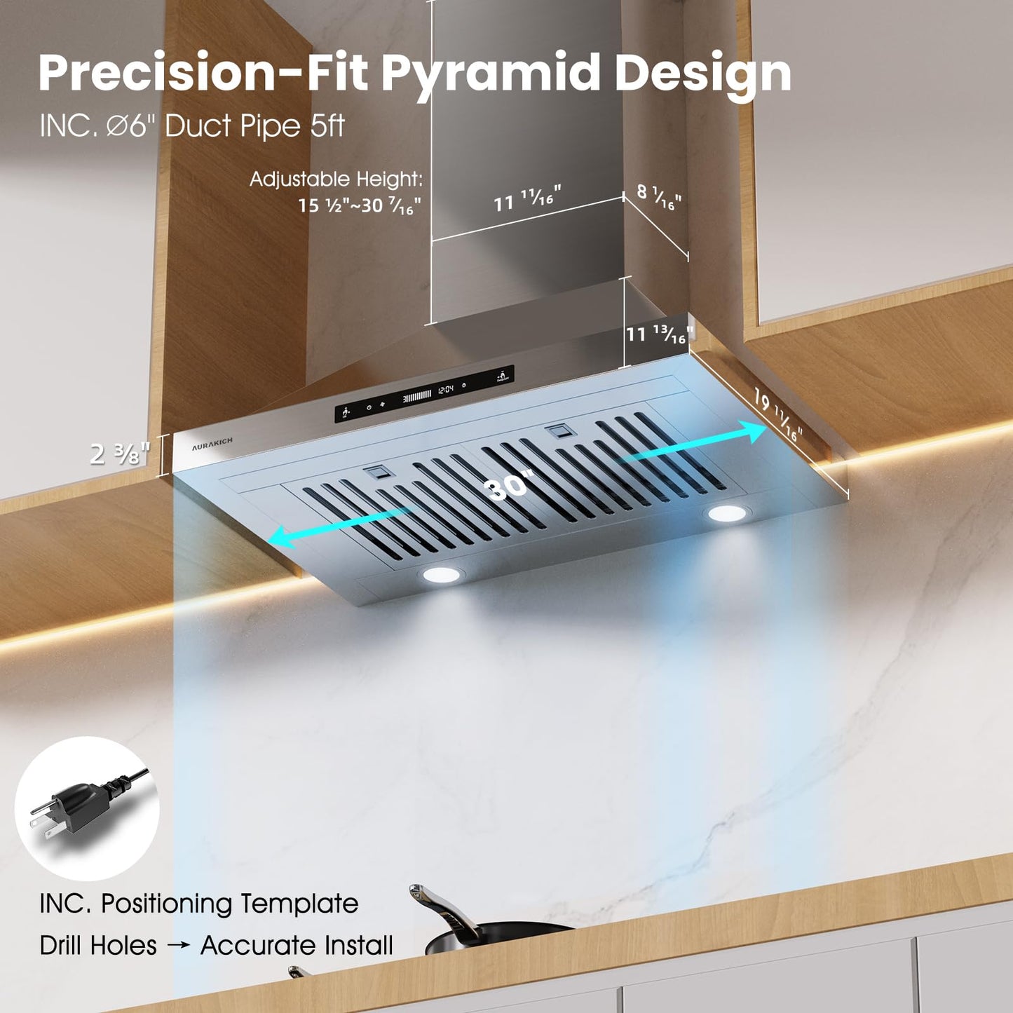 AURAKICH 30-inch Wall Mount Range Hood, 900 CFM Ducted/Ductless Kitchen Vent Hood with Full Copper Motor, Triple Smart Controls (Gesture/Remote/Touch), Tunable LED Lighting, Stainless Steel