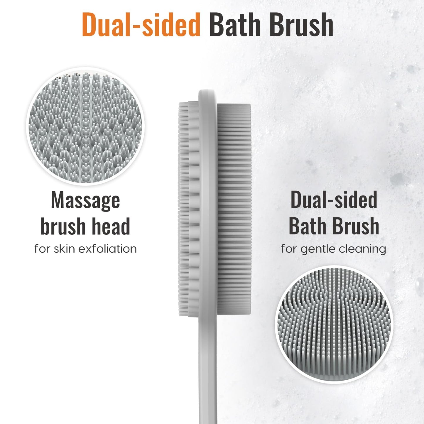 Silicone Back Scrubber for Shower, 17in Lengthen Long Handle Body Brush, Double Sided Shower Brush for Shower Exfoliating and Massage Can Produce Rich Foam, Long Handle Back Scrubber for Men