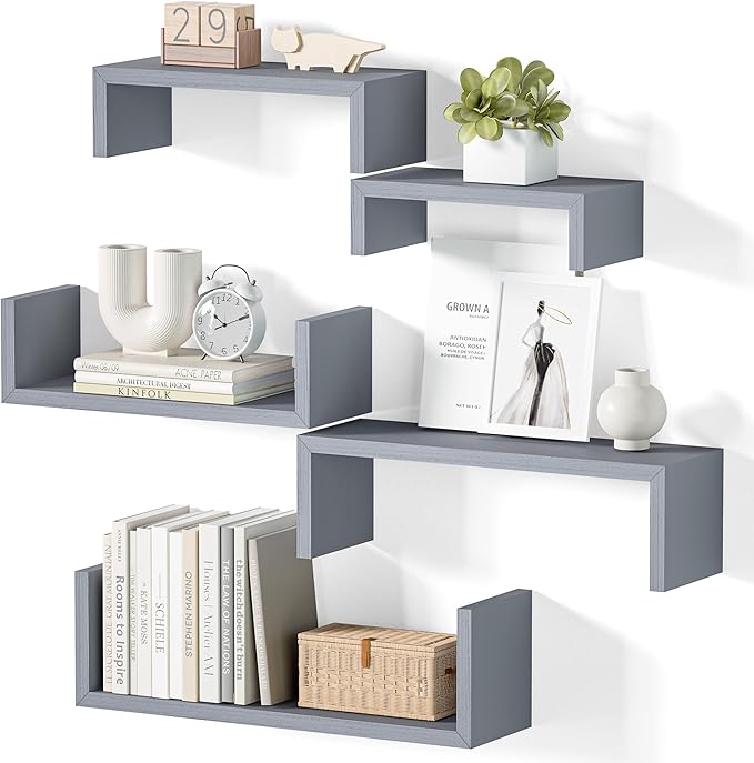 SRIWATANA Floating Shelves for Wall, Wall Shelves for Bathroom, Bedroom, Living Room, Kitchen, Office, Wood Shelves for Home Decor Set of 5 (Weathered Grey)