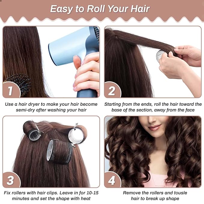 Self Grip Hair Rollers Curlers 16 Pcs Set with 8Pcs Hair Rollers 2 Sizes (4 Jumbo & 4 Large) and 8 Pcs Hair Clips for Long Medium Short Thick Fine Thin Hair Volume (Black)