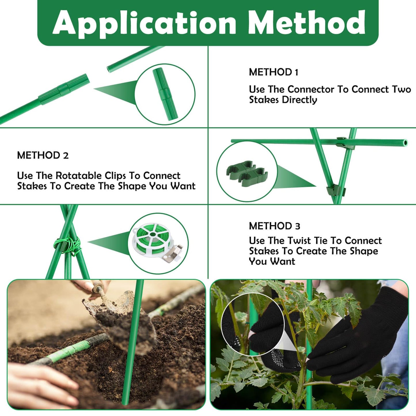 Cludoo 393PCS Garden Stakes Set with 120 Sets Fiberglass Plant Stakes Sticks Supports and Accessories, DIY 4ft 5ft 6ft 7ft Tomato Stakes for Tomato,Vegetables, Pepper, Indoor Outdoor Spring Plants