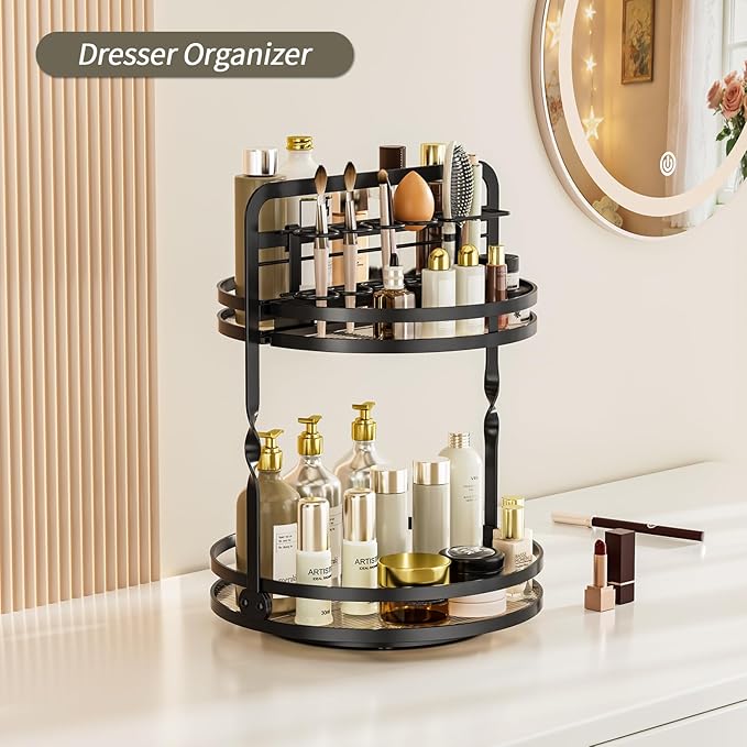 360ÃÂ° Rotating Makeup Organizer, 2-Tier Black Perfume Organizer for Dresser, Bathroom Organizers Countertop, Perfume Shelf with Makeup Brush Holder, Skincare Holder Cosmetic Display(Black)