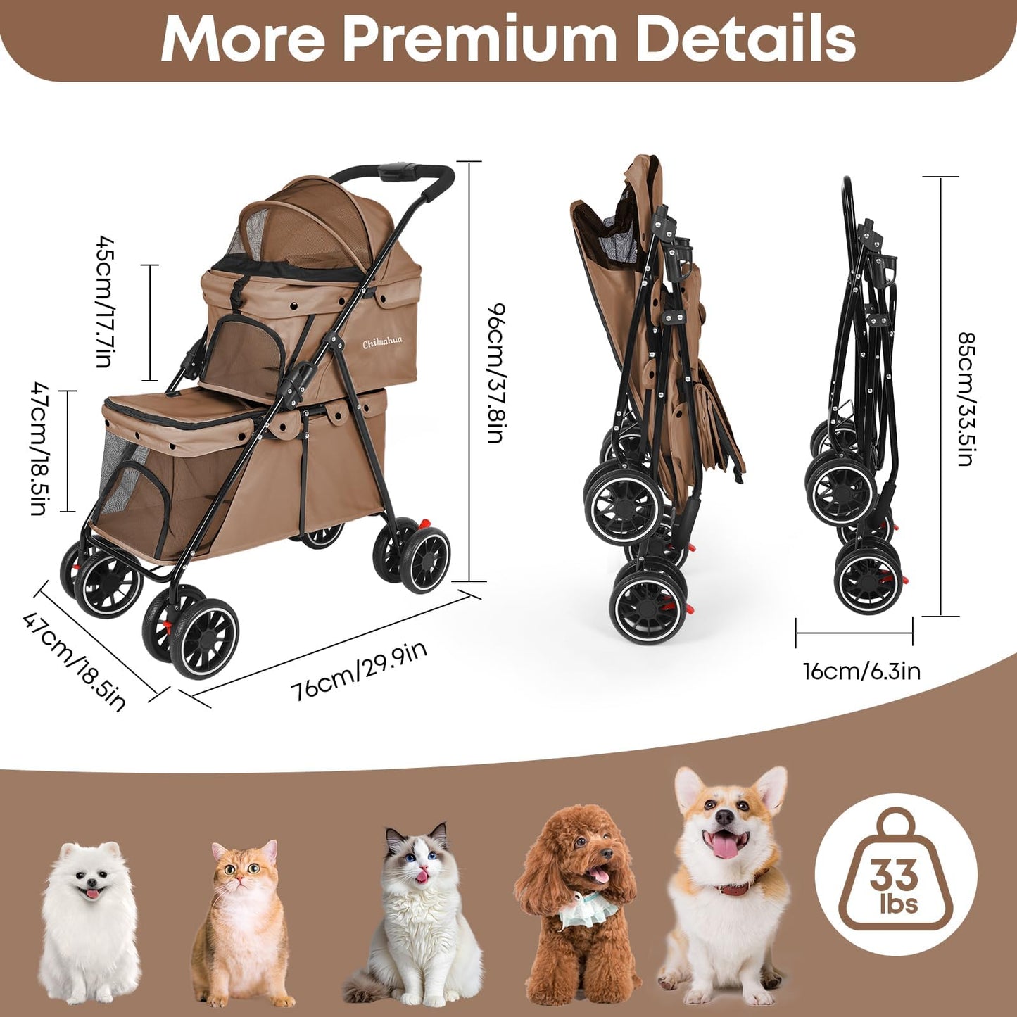 Double Pet Stroller for Dogs and Cats,Cat Strollers for 2 Cats,Double Dog Stroller for 2 Small Medium Dogs,4 Lockable Wheels/Lightweight/Folding,Khaki
