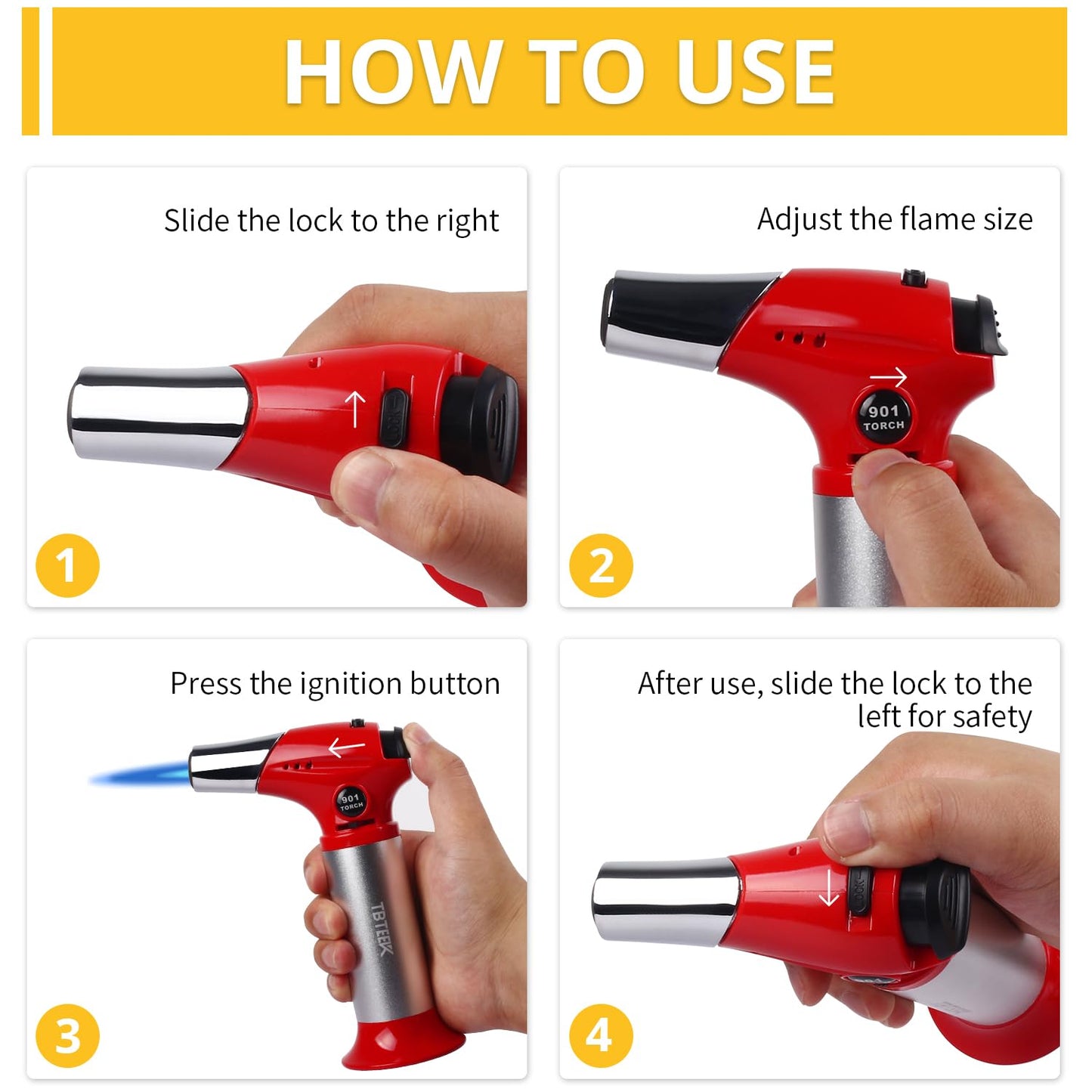 TBTEEK Butane Torch T901, Kitchen Torch Cooking Torch with Safety Lock & Adjustable Flame for Cooking, BBQ, Baking, Brulee, Creme, DIY Soldering(Butane Not Included), Red