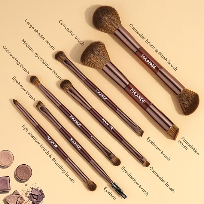 MAANGE 7 PCS Foundation Makeup Brush Set With Bag, Make up Brushes, Eyeshadow Concealer Brush, Double-ended Foundation Contour Powder Blush, Professional Face brush Set Tools For Liquid,Cream (Brown)