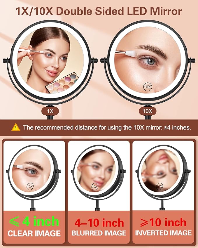 Benbilry Lighted Makeup Mirror with 10X Magnification & 3 Color Lights, Adjustable Brightness & Height, 7 Inch 360° Swivel Rechargeable LED Magnifying Make Up Vanity Mirror with Lighting (Black)