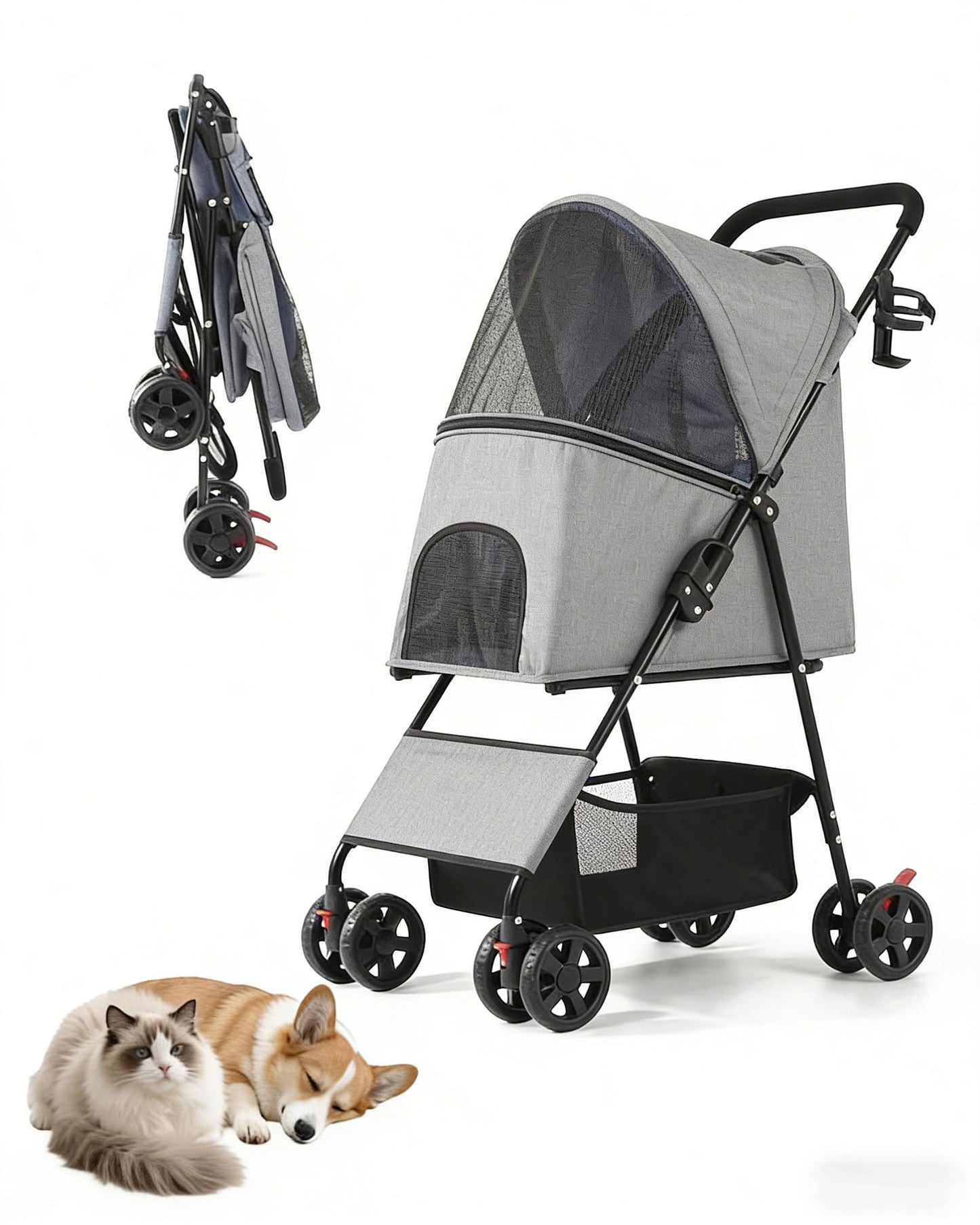 Pet Stroller for Small Medium Dogs Cats - Lightweight 10lbs Foldable Dog Stroller, Breathable Mesh & Safety Tether, 33lbs Capacity with Locking Wheels, Storage Basket for Outdoor Walks-Gray