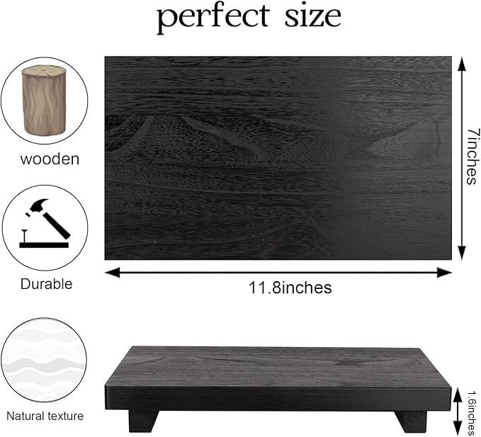 zoocatia Small Wood Tray Pedestal Stand Farmhouse Bathroom Decor Decorative Wooden Riser Kitchen Soap Dish Holder for Vanity, Counter, Sink, Large 11.8" x 7" - Black
