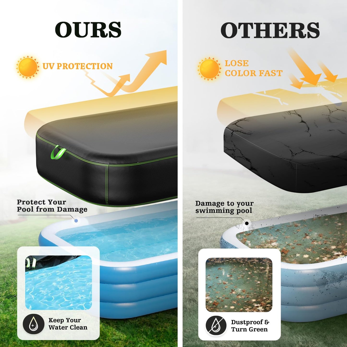 UIRWAY Rectangular Pool Cover 120in x 72in, Inflatable Pool Covers for Above Ground Pools with Elastic Cord - Snug Fit & Easy Set, Outdoor Swimming Pool Cover with 2 Reflective Strip Handles, Black