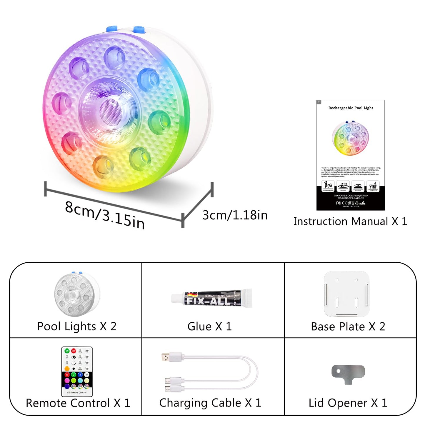 Underwater Pool Lights for Above Ground and Inground Swimming Pools with Remote Timer Off, Magnetic RGB Submersible LED Lights Rechargeable Spotlight 16 Colors 9-mode for Hot Tubs, Fountain -2Pack