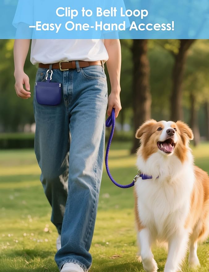 RBibei【One-Hand Access Silicone Dog Treat Pouch, Small Pocket Sized Training Pouch with Pull Tab & Auto Closing Lid for Easy Pet Training & Walking (Blue)