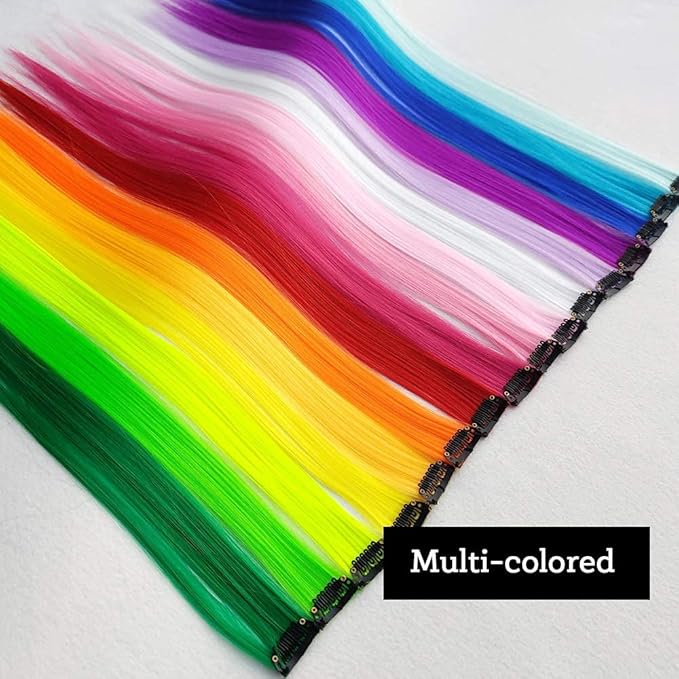 32Packs Colored Hair Extensions 20Inch Straight Color Clip in on Hair Extension Rainbow Party Highlights Synthetic Hairpiece(16 colors)