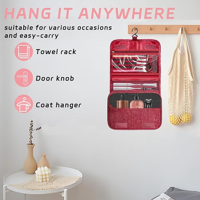 Toiletry Bag Travel Bag with Hanging Hook, Waterproof Capacity Hanging Multifunctional Makeup Bag for Toiletries, Portable Cosmetic Bag Travel Organizer for Women and Men (Red)