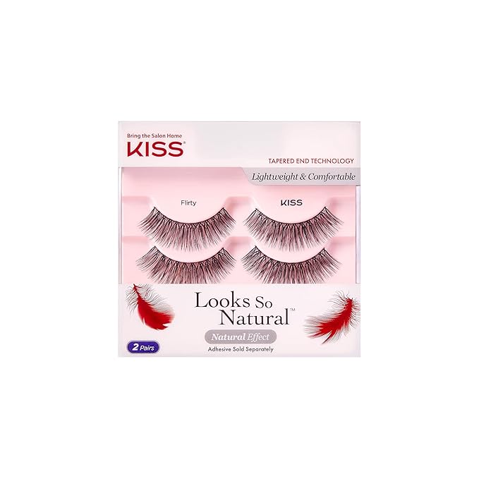 Kiss Looks So Natural False Eyelashes Double Pack, Lightweight & Comfortable, Tapered End Technology, Reusable, Cruelty-Free, Contact Lens Friendly, Style 'Flir', 4 Count (Pack of 1) Fake Eyelashes