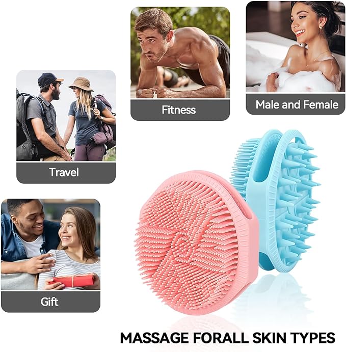 2-Pack Soft Silicone Dual-Sided Body Scrubber & Loofah | Gentle Exfoliating Shower Brush for Men & Women | Creates Rich Lather, Easy to Clean (Pink & Blue)