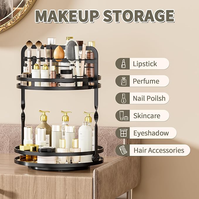 360ÃÂ° Rotating Makeup Organizer, 2-Tier Black Perfume Organizer for Dresser, Bathroom Organizers Countertop, Perfume Shelf with Makeup Brush Holder, Skincare Holder Cosmetic Display(Black)