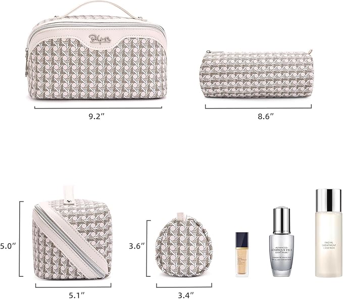 BOYATU Travel Makeup Bag Cosmetic Bags for Women: Large Capacity 3 Pcs Set Make up Bag with Compartments - Waterproof Vegan Leather Toiletry Organizer Bags with Handle (M-80Off-white)