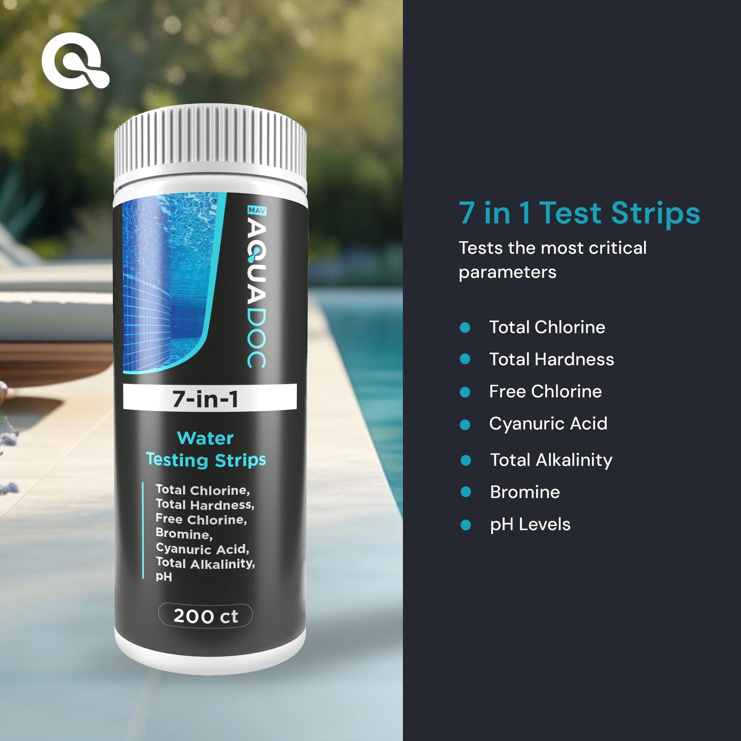 AquaDoc 7-in-1 Spa & Hot Tub Test Strips - 200 Pool Test Strips for pH, Chlorine, Hardness, Bromine, Cyanuric Acid, Alkalinity