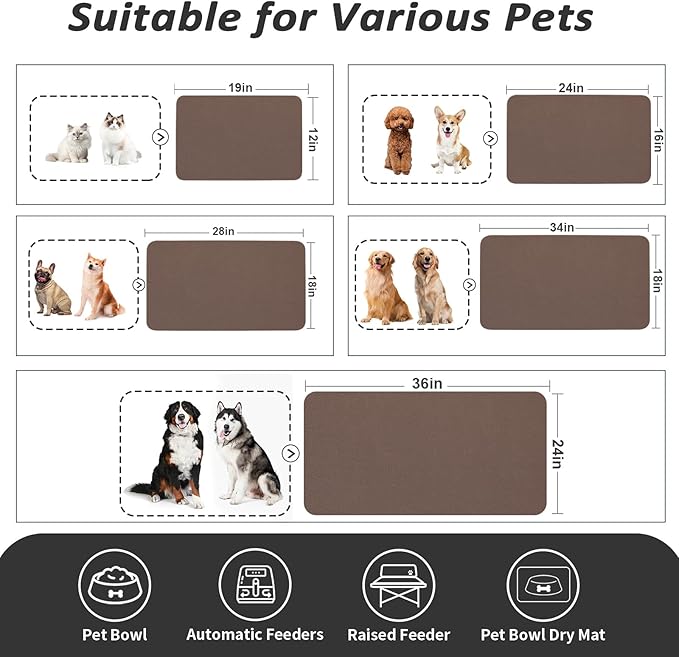 Dog Food Mat - Absorbent Cat Mat for Food and Water, No Stains Pet Feeding Bowl Mat, Easy to Clean Pet Placemats, Quick Dry Dog Water Dispenser Mat for Messy Drinkers | Brown 18"x 28"