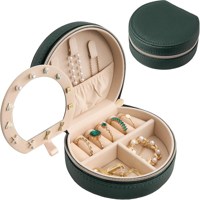 ProCase Travel Size Jewelry Box, Mini Portable Seashell-Shaped Jewelry Case with Mirror, 2 Layer Organizer in PU Leather for Women -Emerald