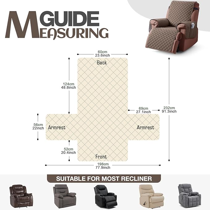 KinCam 100% Waterproof Recliner Chair Cover, Reclining Couch Covers for Pets, Dogs, Recliner Couch Slipcover Furniture Protector with Elastic Straps for Kids(23.6", Brown)