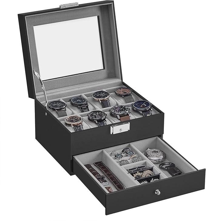 SONGMICS Watch Box, 8-Slot Watch Case Organizer with Large Glass Lid, 2 Layers, Removable Pillows, Metal Lock, Gift for Loved Ones, Black Synthetic Leather, Greenish Gray Lining UJWB080G01