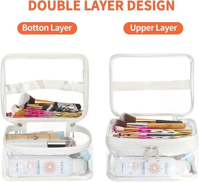 HAOGUAGUA Double Layer Clear Cosmetic Bag Makeup Bag, Waterproof Travel Toiletry Bag, Transparent PVC Pouch Organizer (White)