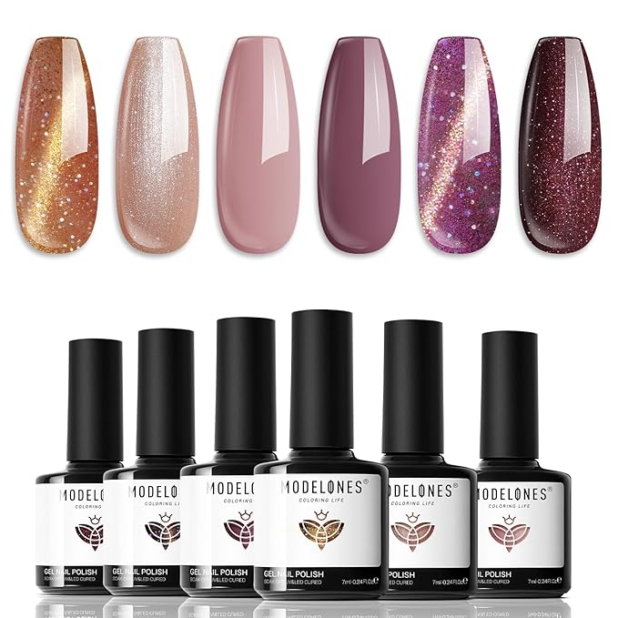 modelones Gel Nail Polish Set, 6 Colors Winter Nude Brown Gel Polish Glitter Burgundy Shiny Champagne Gold Magnetic Cat Eye Effect Sparkle Stunning Home Nail Art Kit Gift for Girl Women